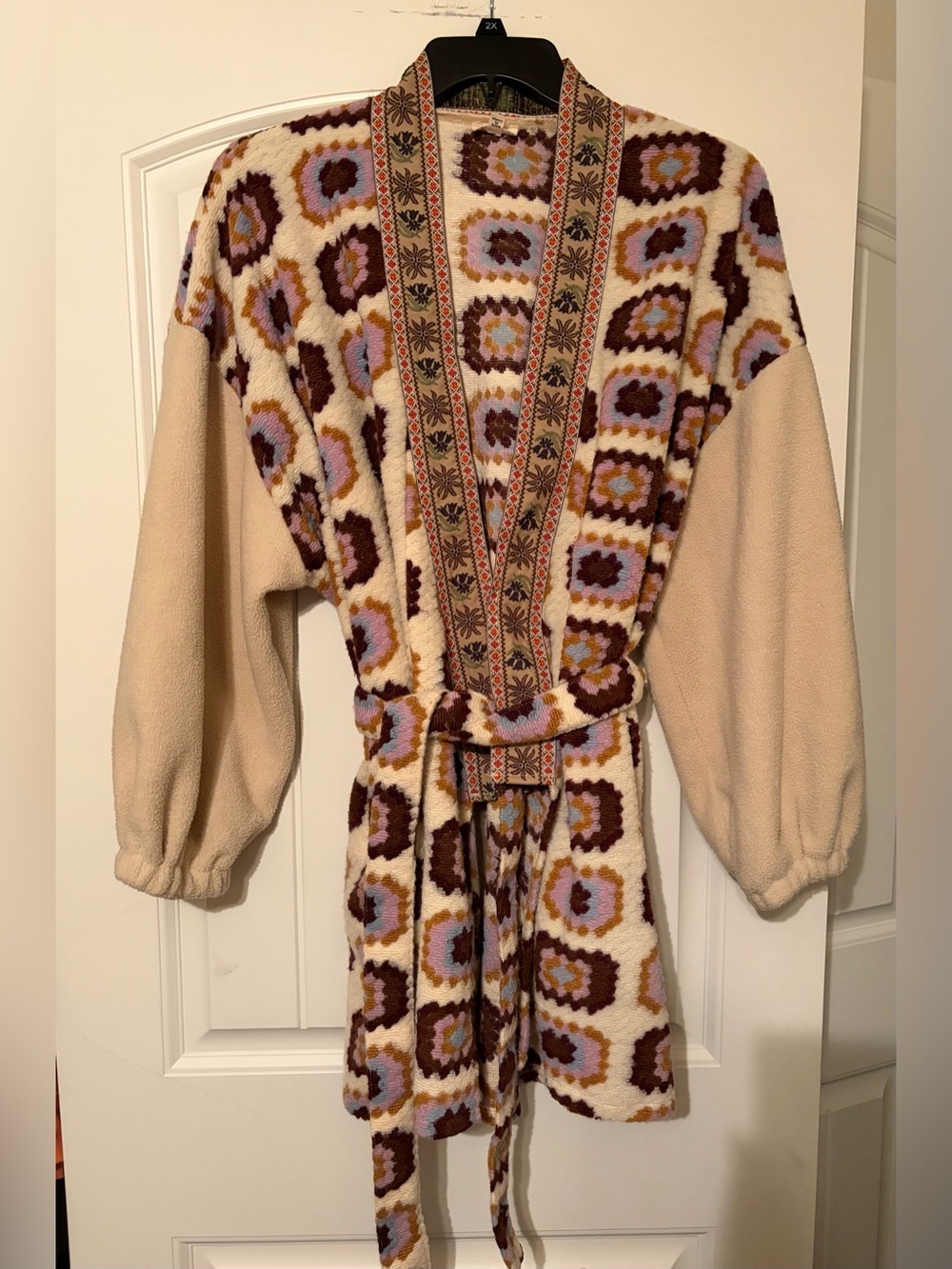 POL Beige Floral-Pattern Plush Belted Cardigan with Brown and Lavender Accents